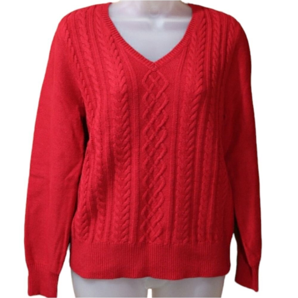 Chaps Vintage 90s Y2k Red Cable Knit Sweater Vneck Holiday Christmas Sweater Med